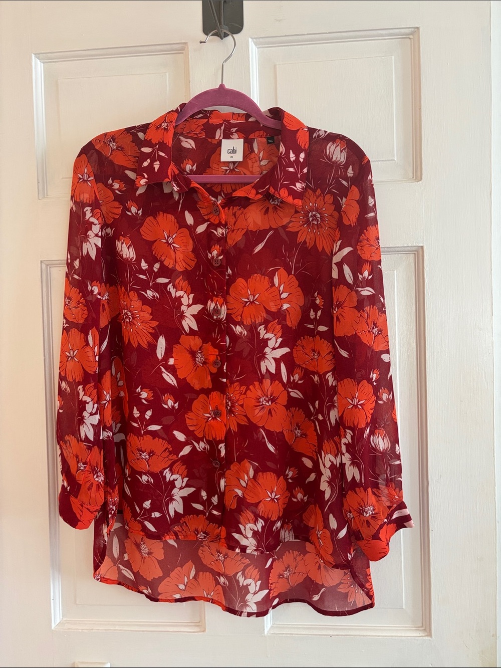 CAbi Burgundy Shirt with Orange Floral Print